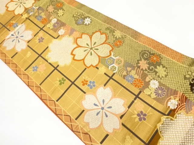 格子に花々・葉・古典柄模様織出し全通袋帯